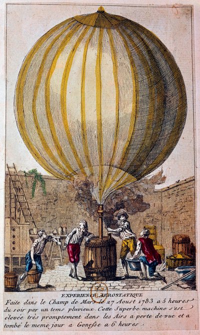 História dos balões: experiência aerostática realizada no Champ de Mars em Paris em 27/08/1783: o balão é enchido com gás hidrogênio por Jacques Charles (1746-1823). Gravura do século XVIII em Paris, B.N. de Unknown artist