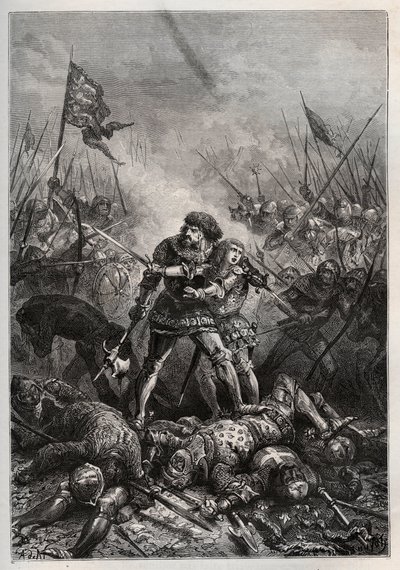Guerra dos Cem Anos: Rei de França João II o Bom e seu filho Felipe II de Borgonha (1342-1404), conhecido como "Philippe le Hardi", combatendo os ingleses na Batalha de Poitiers em 19/09/1356) (Rei de França João II de França (1319-1364) e seu filho Felipe de Unknown artist