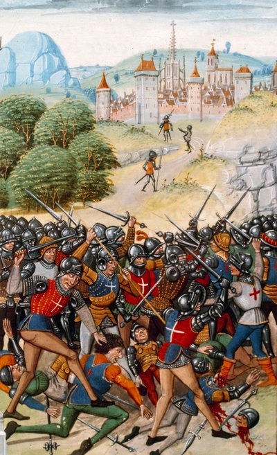 Guerra dos Cem Anos: A Batalha de Pontvallain entre franceses e ingleses em 4/12/1370" Miniatura de "Chronicles" de Jean Froissart (1337-1400) Paris do século XV. B.N. de Unknown artist