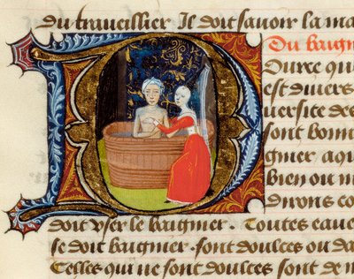 Higiene e benefícios do banheiro, do Tratado de Medicina da Aldebrande de Florença, manuscrito de Unknown artist