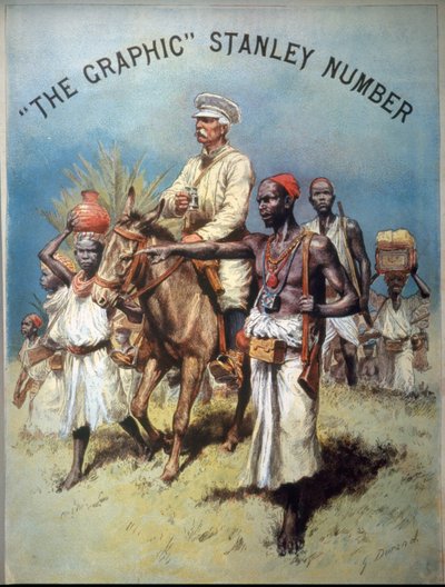 Ilustração retratando o explorador e jornalista Henry Morton Stanley (1841-1904) durante uma de suas expedições. Cromolitografia. de Unknown artist