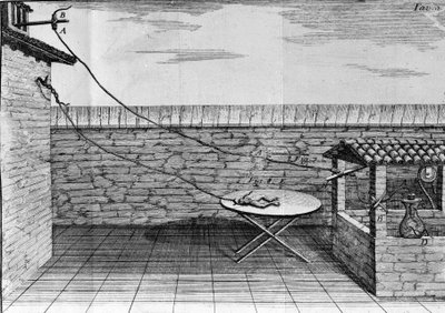 Ilustração de experiências de Luigi Galvani, físico e médico italiano (1737 - 1798) explicando a passagem de corrente elétrica movendo as pernas de um sapo. de Unknown artist