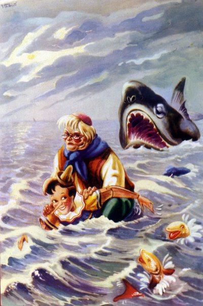 Ilustração do conto Pinóquio de Carlo Collodi: Pinóquio e Gepetto são perseguidos por um peixe enorme. de Unknown artist