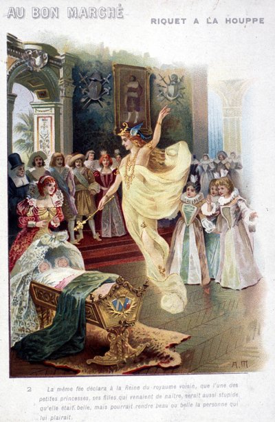 Ilustração do conto "Riquet à la houppe" de Charles Perrault (1697): a fada anuncia à Rainha que a princesa que acaba de nascer será tão estúpida quanto bonita. Cartaz "Au bon marché" do século XIX. de Unknown artist