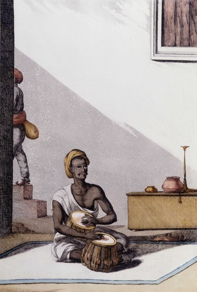 Cultura e civilização indiana: músico tocando tablas, instrumento musical tradicional, Índia. Gravura em 1808. de Unknown artist