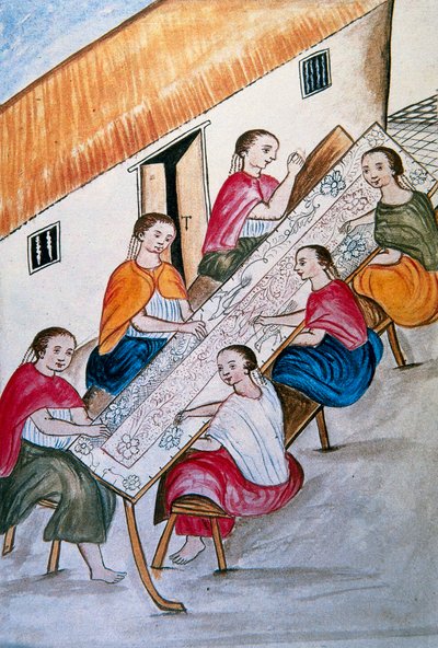 Trabalhadores indígenas costurando, do livro "Trujillo del Peru" ou "Códice Martínez Compañón", de Baltazar Martinez Compañón y Bujanda, bispo de Trujillo (1782-1785) de Unknown artist
