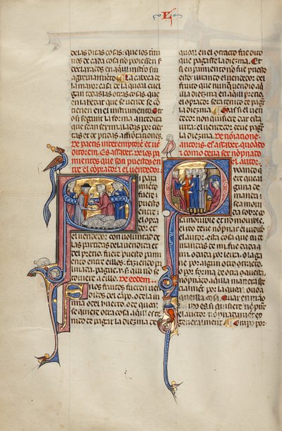 Inicial S: Dois homens apertando as mãos depois de uma venda de ovelhas; Q inicial: Três homens diante de um juiz apontando para um homem com um taco e um homem trabalhando numa bigorna de Unknown artist