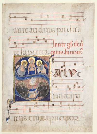 Salve sancta parens inicial] com a Virgem Adorada pelos Anjos e Monges Beneditinos Cantores: Folha Única de um Gradual de Unknown artist