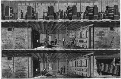 Instalação de caldeiras e dínamos de vapor na Central Electricite Distribution Station (Edison System) em Nova York, em 1884. de Unknown artist