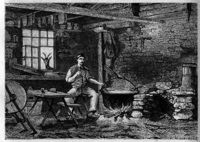 Interior de uma fábrica de queijo nos Vosges. Gravura em "Le journal de la jeunesse". de Unknown artist