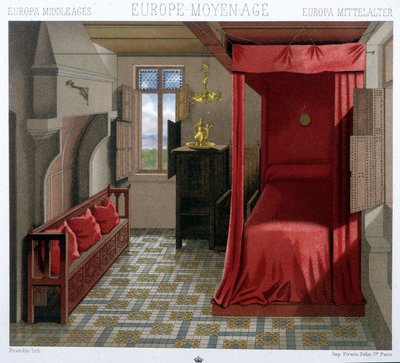 Interior de uma casa nos séculos XV e XVI. Em "Le costume historiqu" e por A. Racinet de Unknown artist
