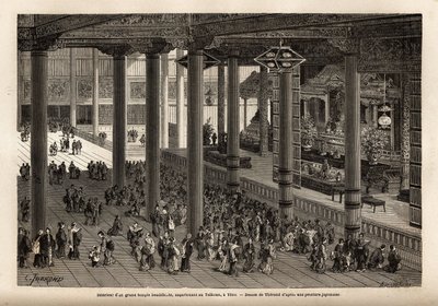 Vista interior de um grande templo budista, pertencente ao Taikoun (governante temporal do Japão) em Yedo (ou Edo, capital imperial, actual Tóquio). Gravura para ilustrar a viagem ao Japão, em 1863-1864, de Aime Humbert, ministro da Confederação Suíça. de Unknown artist