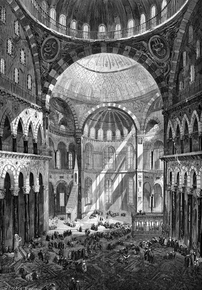 Vista interna da mesquita de Santa Sofia (Hagia Sophia) (arte bizantina do século VI) em Constantinopla, em 1858. de Unknown artist
