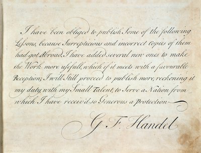 Página de introdução onde o compositor apresenta os motivos pelos quais publicou, a partir da Suite de peças instrumentais de G F Handel de Unknown artist