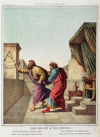 Isaías perante o Rei Ezequias em "História Santa", ed. Hachette de Unknown artist