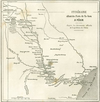 Itinerário ao longo do rio Hai He perto de Tien Tsin (Tien-Tsin, Tianjin) até Pekin (Pequim), China. Carte, em "Le Tour du Monde, Nouveau journal des Voyages", editado por Edouard Charton, Paris de Unknown artist