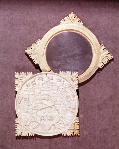 Espelho e caixa de marfim representando uma cena de torneio de cavalheirismo. 1450-1500. Paris, Museu Nacional da Idade Média, Termas de Cluny de Unknown artist