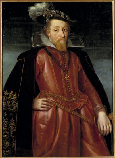 James Stuart, James VI Rei da Escócia e James I Rei da Inglaterra e Irlanda - Retrato do Rei James I da Inglaterra (1566-1625), Anônimo . Óleo sobre madeira. Dimensão : 115x86 cm. Nationalmuseum Estocolmo de Unknown artist