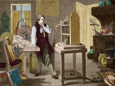 James Watt estudando o aperfeiçoamento da máquina Newcomen (1767) (motor a vapor) - em "Álbum de Ciências; Cientistas ilustres; Grandes descobertas" 1896. de Unknown artist