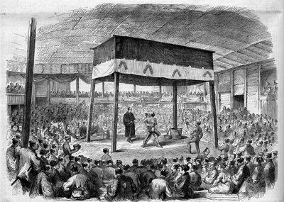 Lutador japonês luta com o Sumo em Osaka, Japão. De um desenho de C. Wirgman. Gravura no "The Illustrious Universe" (O Universo Ilustre) de Unknown artist