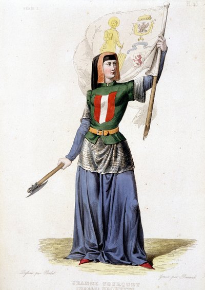 Jeanne Laisné, conhecida como Jeanne Fourquet, apelidada de Jeanne Hachette Heroína Francesa (1456 a?). gravura de 1835 de Unknown artist