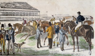 Jockeys e seus cavalos antes da corrida - gravura, c. 1850 de Unknown artist