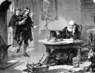 John Milton, poeta e ensaísta inglês (1608 - 1674) visitou Galileo Galilei (Galileu) (1564 - 1642) em sua cela da Inquisição de Florença. Gravura. 1860 aproximadamente. de Unknown artist