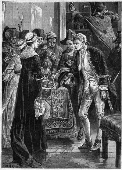 John Paul Jones visita Lady Selkirk depois dos seus homens terem levado os seus valores - Marinha Americana: John Paul Jones (1747-1792) heróis da Guerra da Independência Americana e a tripulação do Ranger invadiram o castelo do Conde de Selkirk nos Estado de Unknown artist