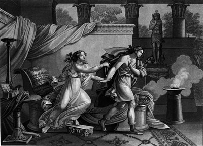José fugindo da esposa de Putiphar (Potiphar) procurando seduzir a litografia do século XIX de Unknown artist