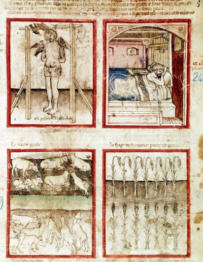 Joseph interpreta os sonhos do fabricante de cestos que termina o seu corte de cabeça. No canto superior direito, o faraó sonha com as sete vacas gordas, premonição dos anos de abundância e as sete vacas magras dos anos de fome Miniatura tirada do códice 2 de Unknown artist