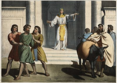 Joseph mantendo o Simeon refém: José, o Patriarca, pede aos seus irmãos que o apresentem ao mais novo Benjamin e mantém Simeão como refém, à espera do seu regresso. Gravura anónima de meados do século XIX. de Unknown artist