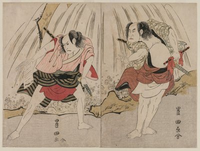 Kataoka Nizaemon VII e Ichikawa Yaozo III em confronto ao lado de uma cachoeira de Unknown artist