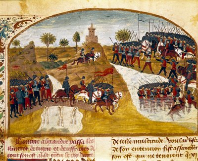 O Rei Alexandre o Grande (356-323 AC) e seu exército passam o Tigre e o Eufrates Miniatura do "Livro de Fatos de Alexandre o Grande" de Quintus Curtius Rufus (Quinteto Curce) (século I), cerca de 1468. (Sra. 1335) Reims. Biblioteca Municipal de Unknown artist