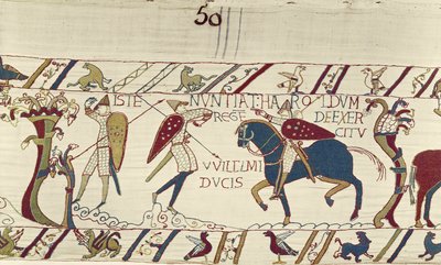 O mensageiro do Rei Harold dá-lhe notícias do exército do Duque Guilherme, Bayeux Tapestry (bordado de lã em linho) de Unknown artist