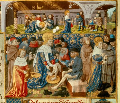Rei Luís IX (1214-1270) (Saint Louis) lavando os pés dos pobres e cenas de caridade cristã do Rei Miniatura tiradas de um manuscrito "O Livro de Fatos de Monsenhor Saint Louis" do século XV. Paris, B.N. de Unknown artist