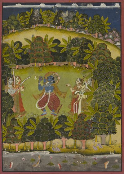 Krishna a tocar flauta para as Gopis de Unknown artist