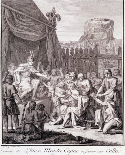 O Inca Mayta Capac em favor dos Collas - em "Viagem histórica da América do Sul feita por ordem do Rei de Espanha" por Don Georges Juan & Don Antoine de Ulloa, T.II, ed. Jombert, Librairie du Roi, Paris de Unknown artist