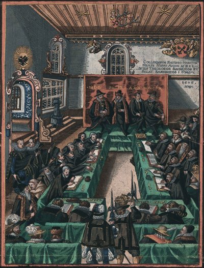 La conference religieuse de Ratisbonne en 1601 - O Colóquio Religioso de Regensburg de 1601, Anónimo . Gravura em cobre, aguarela, c. 1605. Museu Historisches der Stadt Regensburg de Unknown artist