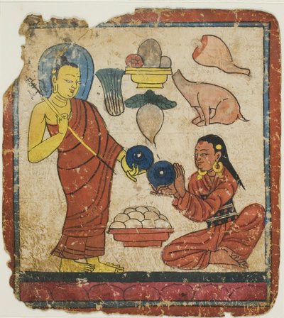 Senhora a oferecer comida a um monge, de um conjunto de cartas de iniciação (Tsakali) de Unknown artist