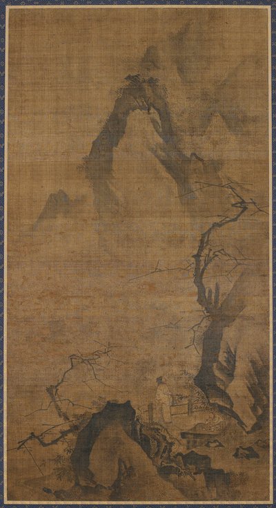 Paisagem: montanha e água; uma figura sob uma árvore de ameixa de Unknown artist