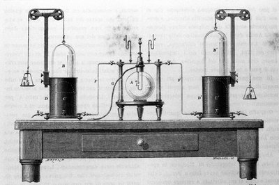 Lavoisier e Laplace aparelho para a formação de água por meio da queima de oxigênio e hidrogênio em um frasco de vidro. Gravura do século XIX. de Unknown artist