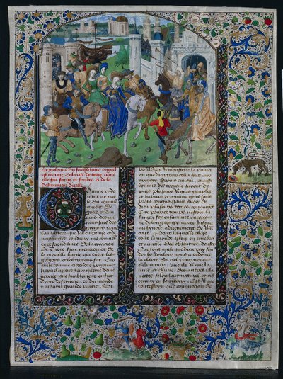 Folha de "Chronique Universelle" de Jehan de Courcy: Rei Príamo encontra Helena e Paris fora dos portões de Tróia de Unknown artist