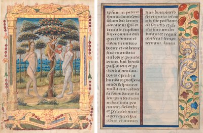 Folha de um Livro de Horas: Adão e Eva e a Queda do Homem (Miniatura Prefatória ao Ofício da Virgem) (reto) e Texto com Borda Ilustrada (verso) (1 de 3 Folhas Excisadas) de Unknown artist