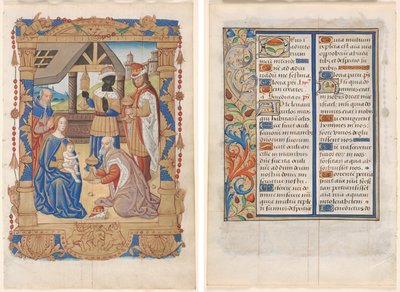 Folha de um livro de horas: Adoração dos Reis Magos (reto) e texto com borda ilustrada (verso) (3 de 3 folhas extirpadas) de Unknown artist