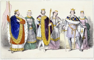 Os Capetianos: Louis VI Le Gros (1081-1137) e Adelaide of Savoy (ca. 1100-1154), Louis VII Le Jeune (1120-1180) e Adele of Champagne (ou Blois) (ca. 1140-1206), Philippe II dit Philippe Auguste (1165-1223) e Isabelle de Hainaut (1170-1190) - Plate en de Unknown artist