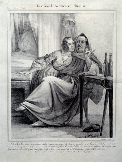 Les grands hommes en chemise Representação do escritor Honore de Balzac (1799-1850) que alistou uma jovem mulher enquanto fumava um cigarro. Ilustração de E. Allet (século XIX) Paris, Maison Balzac de Unknown artist