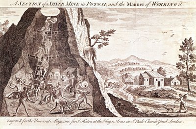 Minas de prata em Potosi, Bolívia. Gravura do século XIX. de Unknown artist