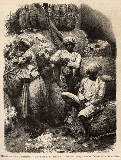 Os trabalhadores Parsi em repouso, no mercado do algodão de Bombaim. Gravura para ilustrar a viagem nas províncias do sul da Índia, de Alfred Grandidier, em 1862-1864, publicada em "Le tour du monde" 1869, editada por Edouard Charton, edição Hachet de Unknown artist
