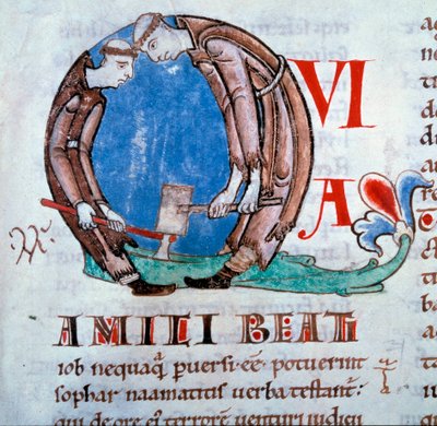 Lettrina Q" representando os monges deflagradores (monges lenhadores)" Miniatura tirada da "Moralia em Jó" (ou Comentários do Livro de Jó) de São Gregoire I disse o Grande ou o Diálogo (532-604), Folio 59 do Volume III, início do século XII de Unknown artist