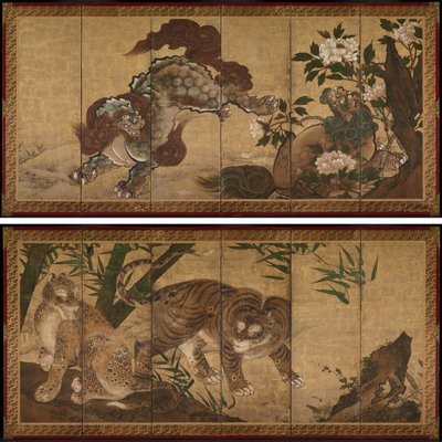 Leões e tigres em peônia e bambu de Unknown artist
